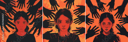 Harassment cartoon vector scenes. Tense girl black hands wrists silhouettes violation personal space sexual violence vulnerable pressure character, bright expressive illustration