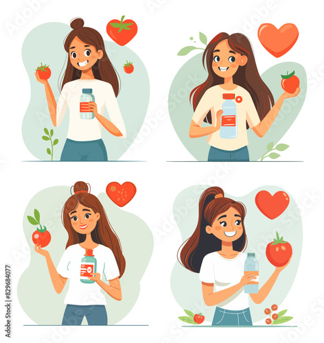 Healthy diet cartoon vector concepts. Young woman holding water tomato bottle food supplements slender energetic self care lifestyle fitness character, illustration isolated on white background
