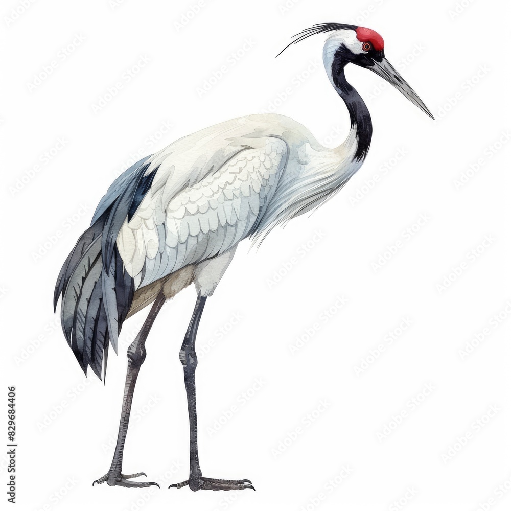Obraz premium Ultra realistic watercolor style illustration of beautiful Japanese crane, high detailed, isolated on white
