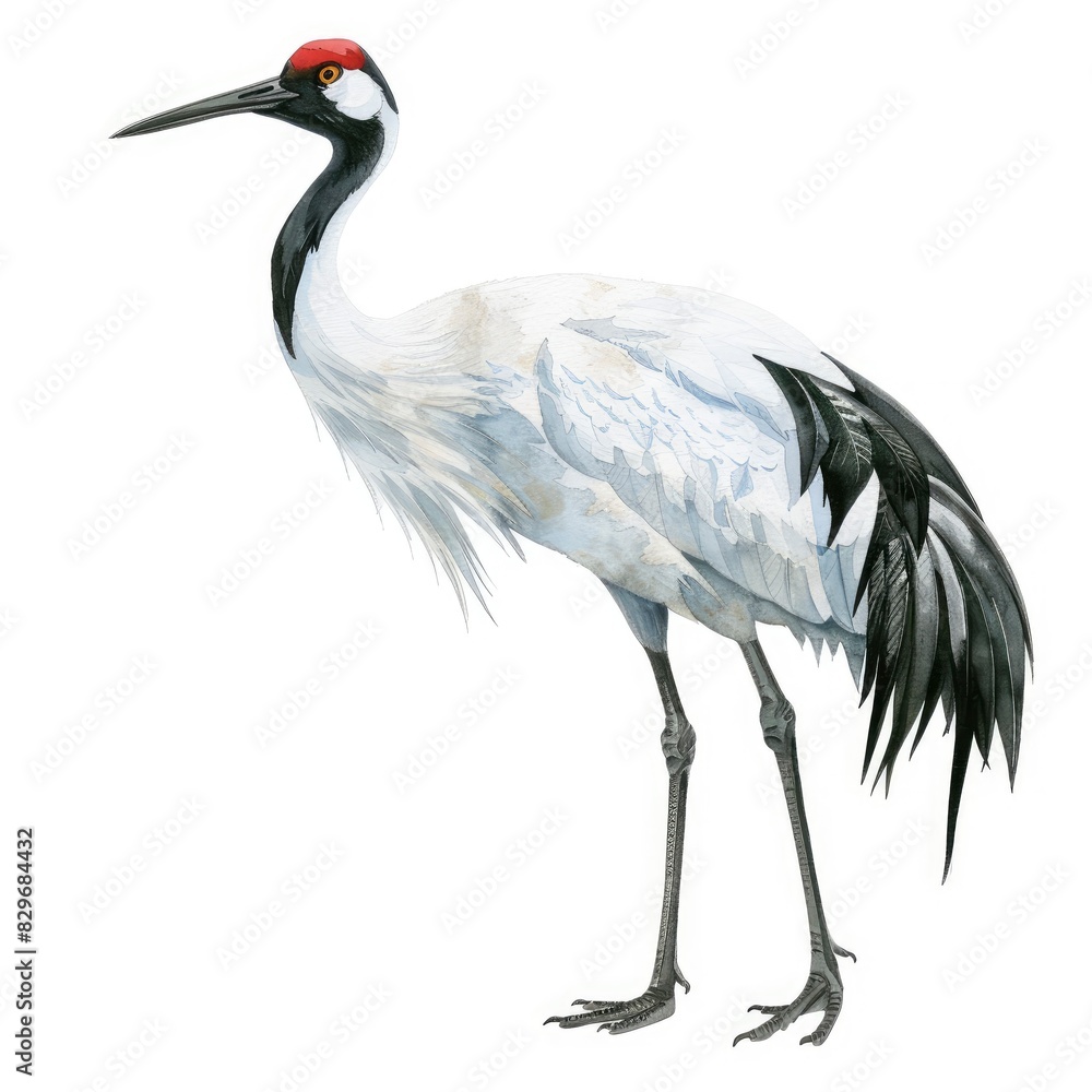 Obraz premium Ultra realistic watercolor style illustration of beautiful Japanese crane, high detailed, isolated on white