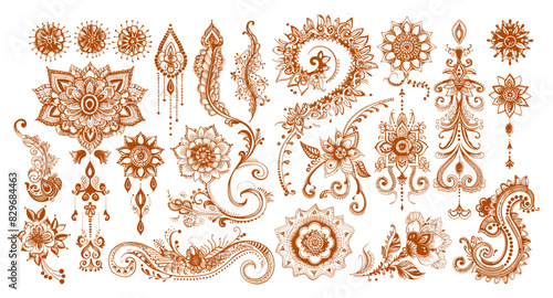 Henna tattoos ink sketch vector set. Flowers leaves stems ornamental pattern skin brown temporary paintings, illustrations isolated on white background