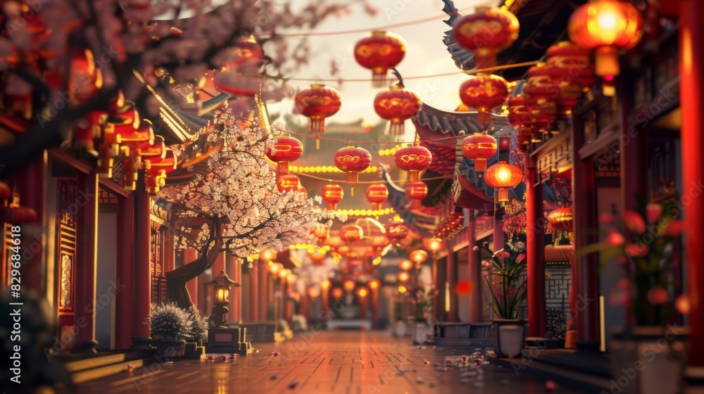 Fototapeta premium Vibrant red lanterns hanging from branches of a tree, creating a festive and colorful display. The lanterns sway gently in the breeze, casting a warm glow on their surroundings.