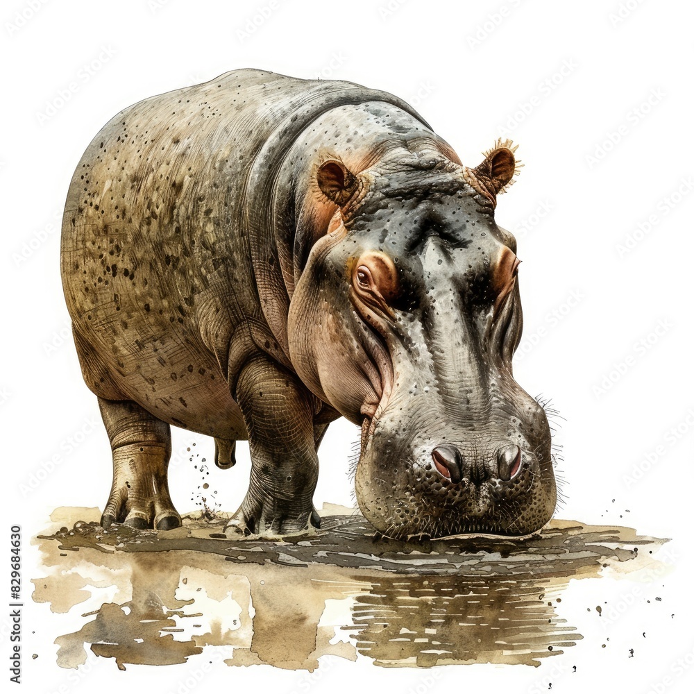 Fototapeta premium Ultra realistic watercolor style illustration of beautiful hippopotamus, high detailed, isolated on white