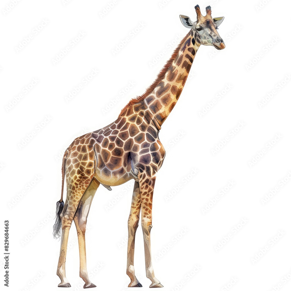 Fototapeta premium Ultra realistic watercolor style illustration of beautiful giraffe, high detailed, isolated on white