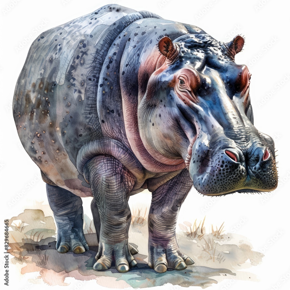 Fototapeta premium Ultra realistic watercolor style illustration of beautiful hippopotamus, high detailed, isolated on white