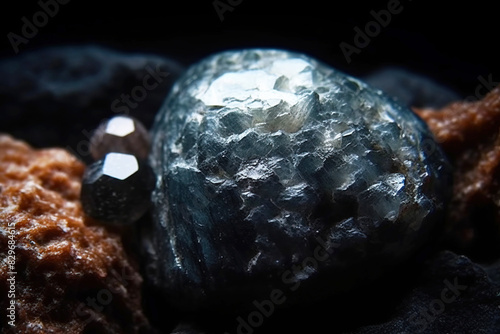Julgoldite is rare precious natural stone on black background. AI generated. Header banner mockup with space.