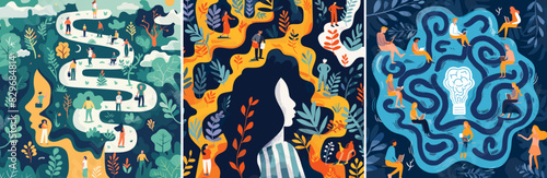 Important memory moments cartoon vector concepts. Men woman labyrinth road plants direction after trauma psychological therapy mind healing cleansing characters, splendid illustrations