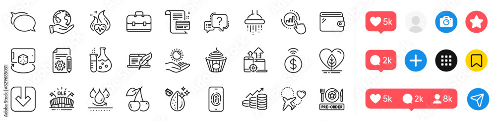 Portfolio, Question mark and Augmented reality line icons pack. Social media icons. Documentation, Load document, Growth chart web icon. Pre-order food, Seo devices, Fingerprint pictogram. Vector