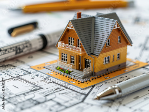 Small model house on a blueprint lying on a white table, next to it a ballpoint pen and a contract, stock image style real photo 