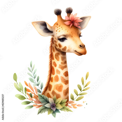 Isolated watercolor illustration of cute little giraffe on wite background. 