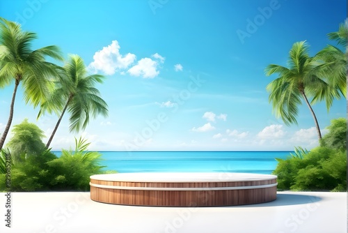 Summer product display podium Mockup Display Collection at sea tropical beach