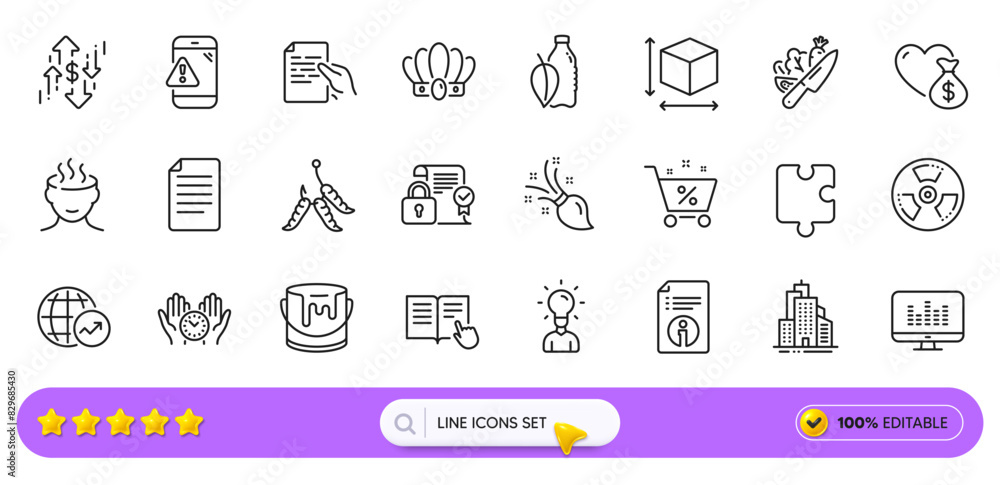 Crown, Warning message and Loan percent line icons for web app. Pack of Technical info, Maggots, Brush pictogram icons. Paint, Music making, Stress signs. Safe time, Dollar rate. Search bar. Vector Crown, Warning message and Loan percent line icons for web app. Pack of Technical info, Maggots, Brush pictogram icons. Paint, Music making, Stress signs. Safe time, Dollar rate. Search bar. Vector