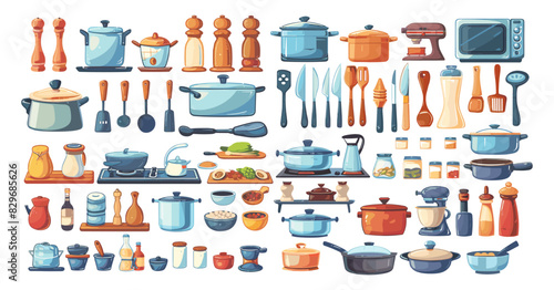 Kitchen stuff cartoon vector set. Pots pans forks spoons teapots cups plates mixers blenders microwave spices containers cooking utensils, illustrations isolated on white background