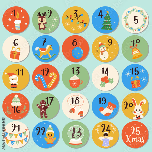 Christmas Advent Calendar. Winter poster countdown printable tags numbered poster with xmas ornament with christmas decorations and christmas trees - vector illustration, eps, december postcard vector