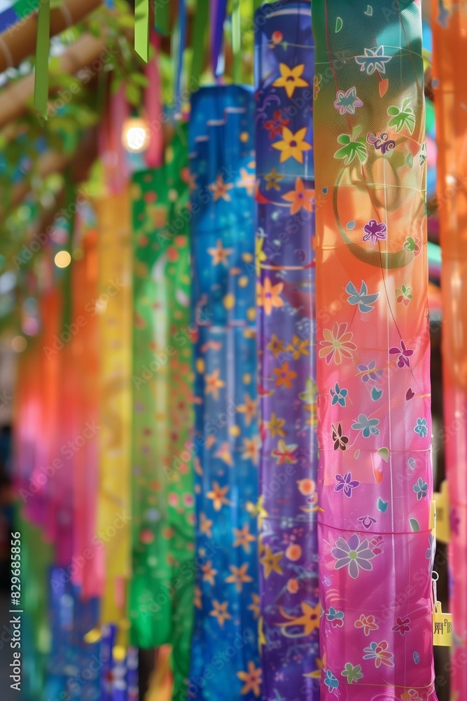 Fototapeta premium The Japanese Tanabata Festival. Making wishes on a piece of tandzak. A celebration of the arts. Decorating the street during the celebration. Garlands of a wish list