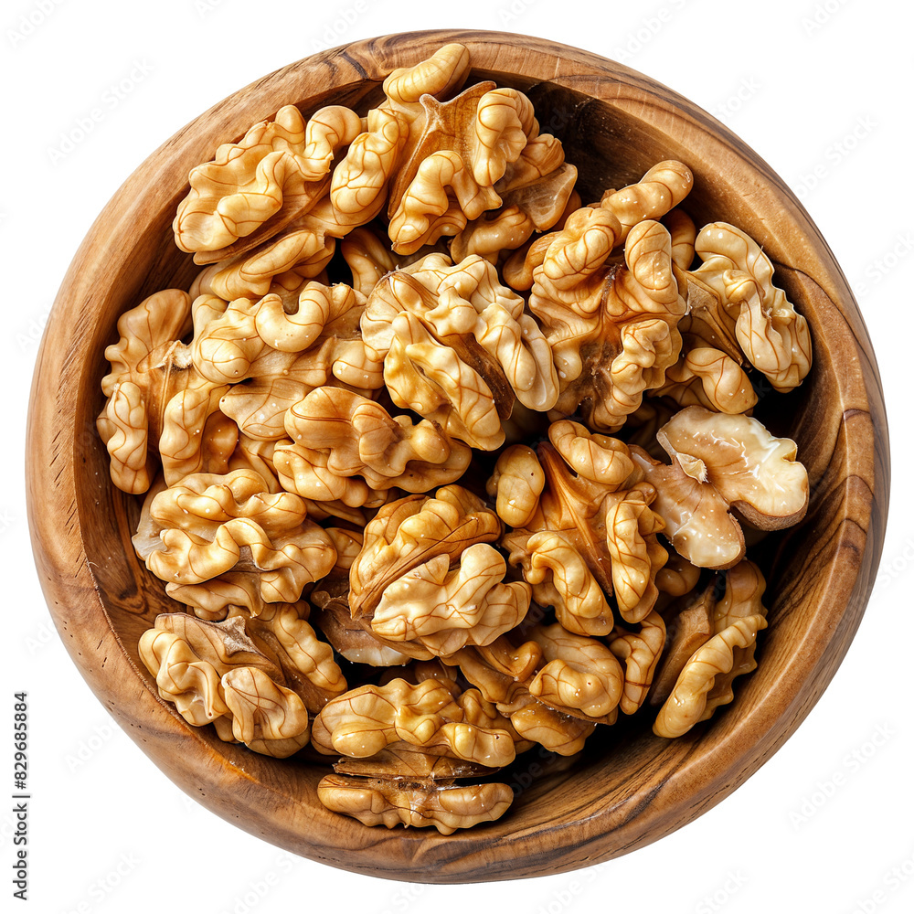 Top down view of walnuts in a wooden bowl isolated on a transparent background Top down view of walnuts in a wooden bowl isolated on a transparent background