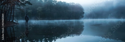Lake With Fog. Spooky Halloween Adventure in Transylvania Forest with Man Silhouette on Foggy Road photo