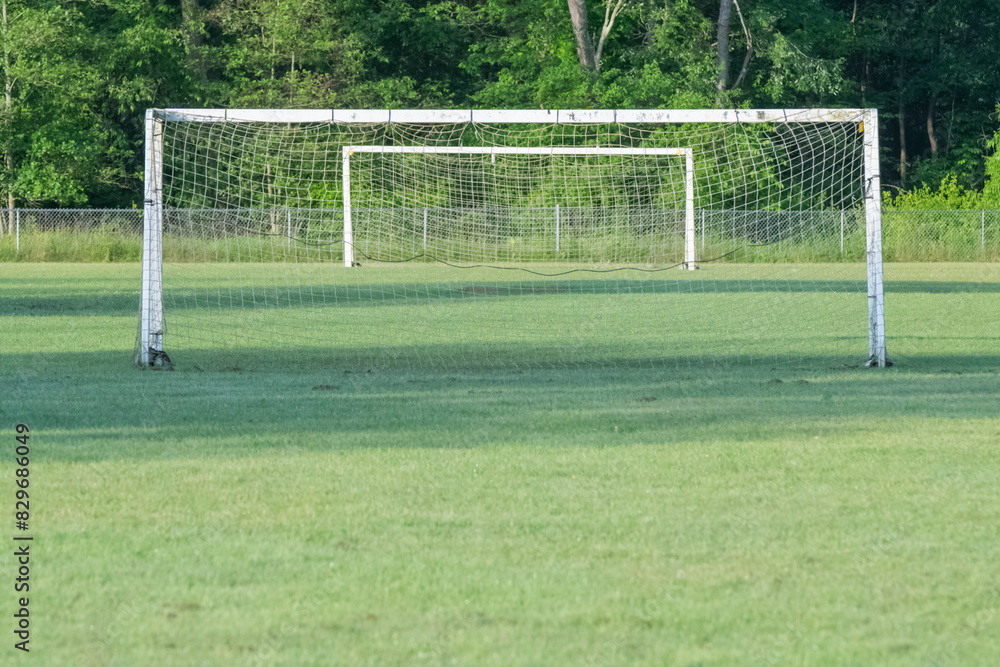 Fototapeta premium Soccer field amateur field, goal post, selective focus, green grass, summer fun sports