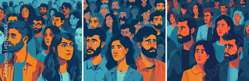 Loners sad depressed crowd characters cartoon vector concepts. Man woman isolated disunity mental problems abandoned communication lack people, expressive splendid illustration photo