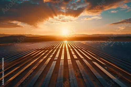 A vast solar farm with rows of photovoltaic panels capturing the sunseta??s glow photo