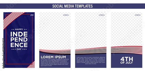 Vertical Social Media Story Post Template for Fourth of July and US Independence Day. Greeting Card post and continuous carousel ad template frame with seamless USA American Flag Pattern frame. 