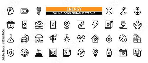 36 Energy Line Icons Set Pack Editable Stroke Vector Illustration.
