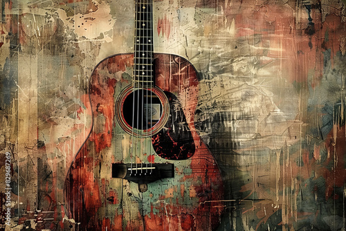 Vintage acoustic guitar on abstract artistic background photo