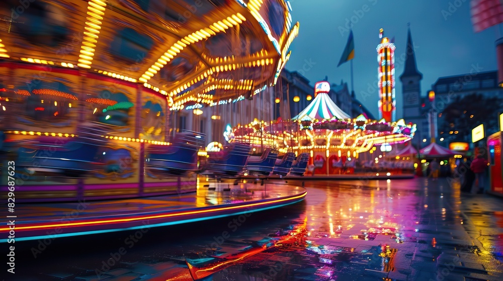 Colorful amusement park with spinning carousel and vibrant lights at night Colorful amusement park with spinning carousel and vibrant lights at night