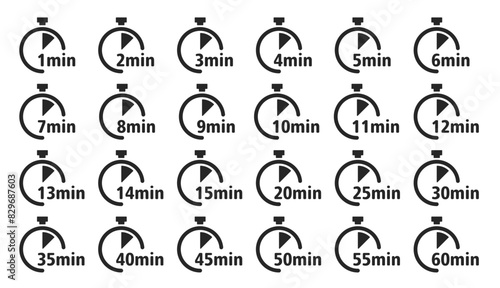 Set of time counter icons. Cooking time, stopwatch timer clock, holding time, countdown, pizza and pasta baking, medical and beauty industry, delivery and application concept. Vector illustration