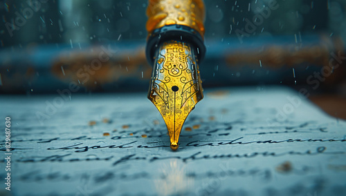 Flowing pen writing on paper, a closeup of the tip with black ink and golden details. A blurred background shows an open book or sheet of white paper with handwritten text in a cursive style. The scen photo