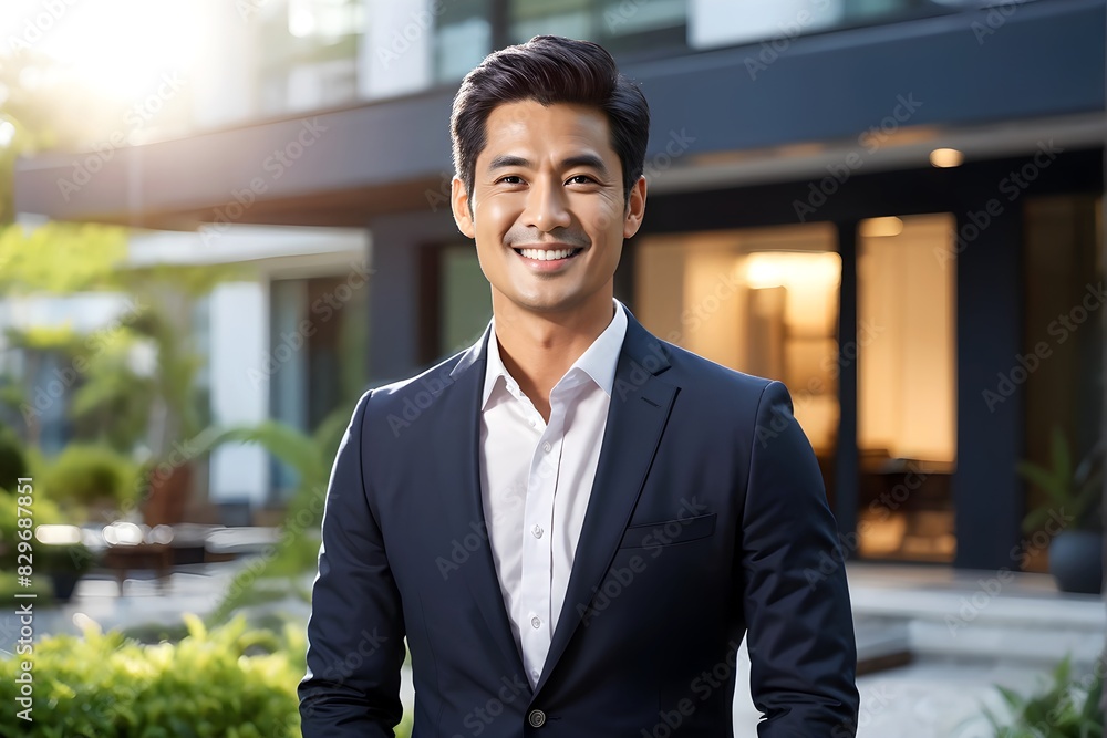 Confident asian man real estate agent stands proudly outside a home Confident asian man real estate agent stands proudly outside a home