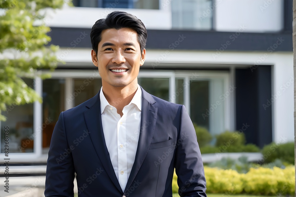 Confident asian man real estate agent stands proudly outside a home