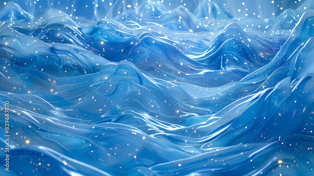 A futuristic landscape of glossy plastic waves in shades of cerulean and periwinkle, adorned with sparkling lights. A futuristic landscape of glossy plastic waves in shades of cerulean and periwinkle, adorned with sparkling lights.