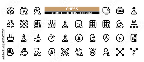 36 Chess Line Icons Set Pack Editable Stroke Vector Illustration.