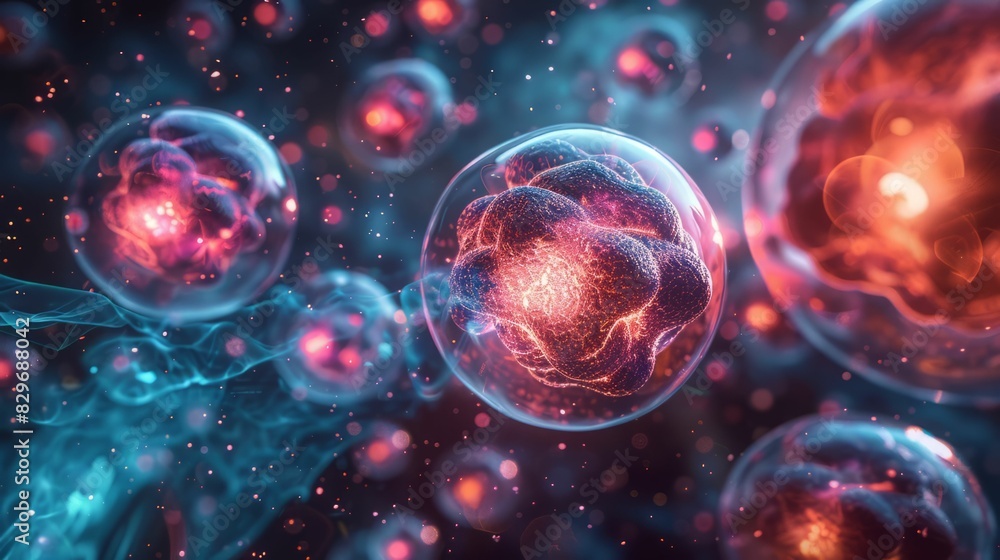 3D rendering of virus or bacteria cells. Microscopic view of virus or bacteria cells. Virus or bacteria cells in the blood.