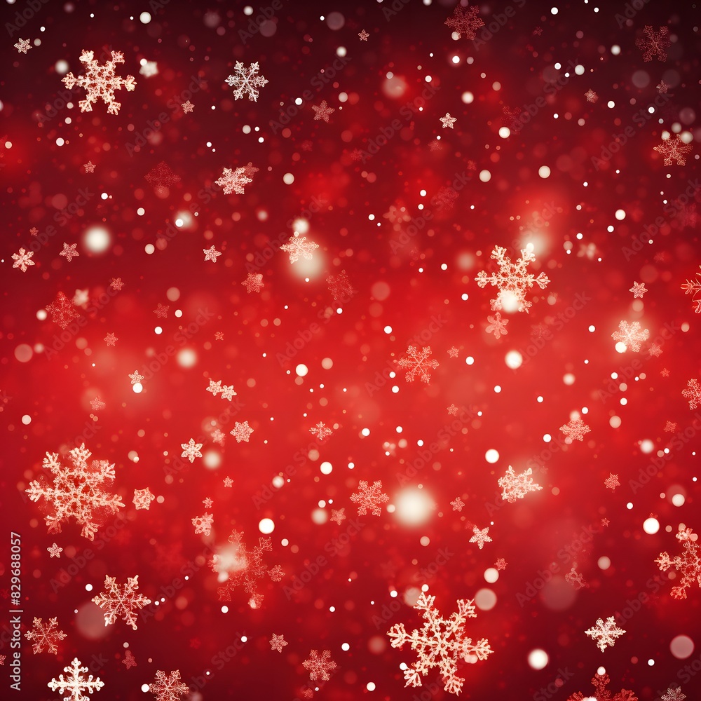 Red background with falling snowflakes. Christmas background. Generative AI.