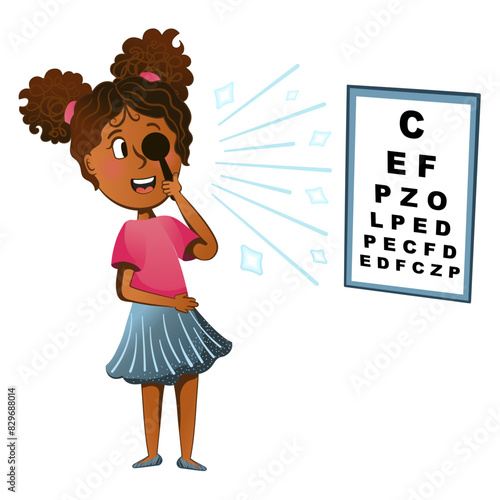 Eyesight check up, ophthalmology diagnostics, little girl at eyesight test in hospital, medical concept for kids in cartoon style