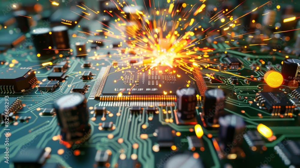 A circuit board with an explosion of electronic components and sparks, technical style, high detail, vivid colors