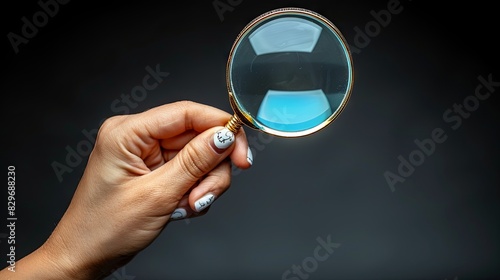 A magnified view shows a hand holding a magnifying glass against a dark background, highlighting details