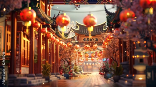 Vibrant red lanterns hanging from branches of a tree, creating a festive and colorful display. The lanterns sway gently in the breeze, casting a warm glow on their surroundings.