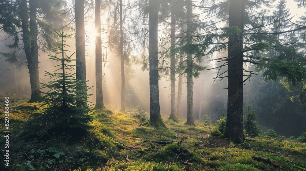 Misty forest with sun rays breaking through the trees Misty forest with sun rays breaking through the trees