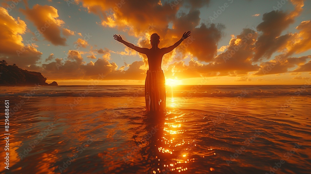 Fototapeta premium Performing the haka on a beach at sunrise or sunset, dramatic sky, intense emotions, natural beauty