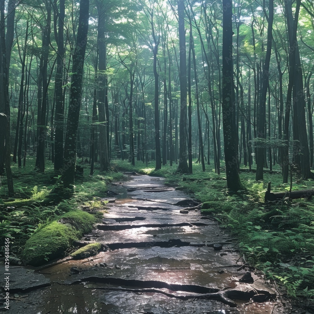 Fototapeta premium A serene path winds through a lush, misty forest, inviting a sense of exploration and tranquility