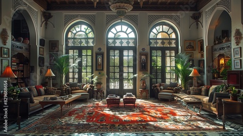 Luxurious Arabian style villa Wealth and splendor reign supreme. rich fabric Luxurious furniture, luxurious textiles Every detail reflects the timeless beauty and sophistication of Arabian design. © Saowanee