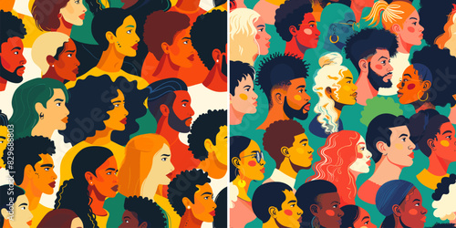 Racial diversity people cartoon vector posters. Men women faces dark light skin head profiles multinational group crowd characters, colorful concepts