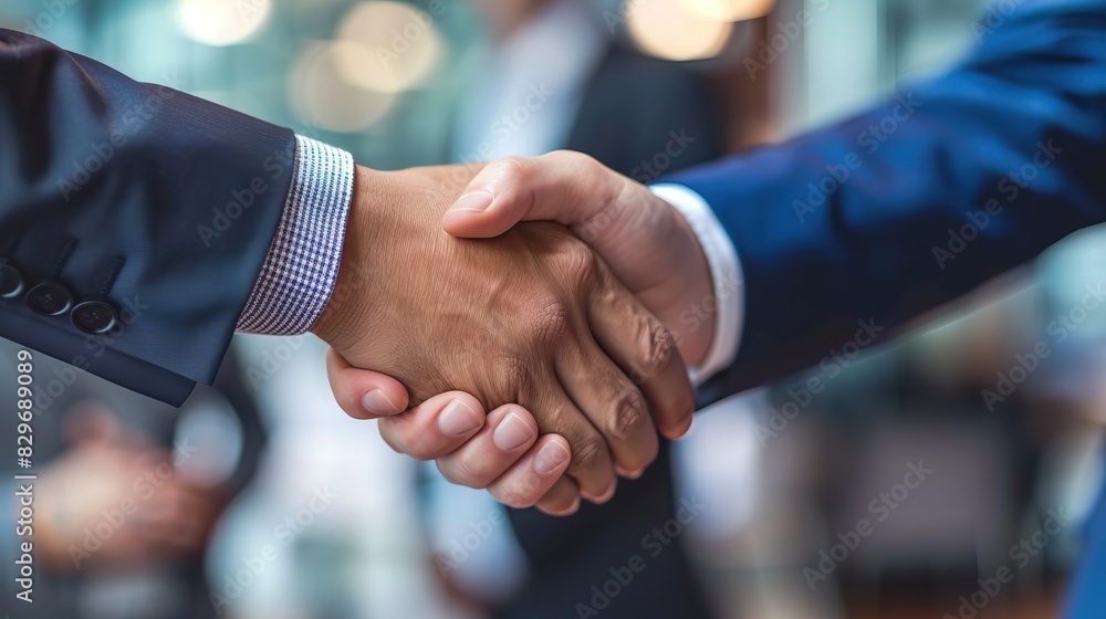 Close-up of businessmen shaking hands in formal suits in a professional setting Close-up of businessmen shaking hands in formal suits in a professional setting
