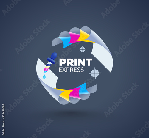 Print logo. Cmyk sheets of paper and pipette ink. Template design vector. Black background.