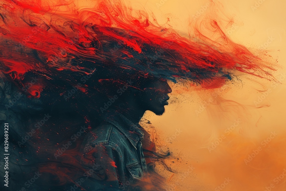 A powerful abstract portrait of a silhouette with vibrant red hair swirling in fiery patterns against a dramatic backdrop A powerful abstract portrait of a silhouette with vibrant red hair swirling in fiery patterns against a dramatic backdrop