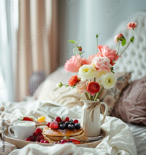 breakfast in bed. pancakes with fruit and coffee for a festive breakfast. mother s day or birthday  romantic moments