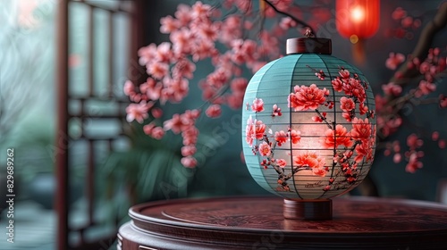 A traditional Chinese lantern adorned with red blossom patterns against a blurred background